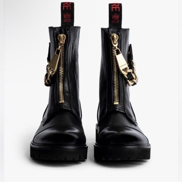 Zadig & Voltaire Joe Cecilia leather combat moto boots with gold chain NWT 37/6 - Picture 6 of 17